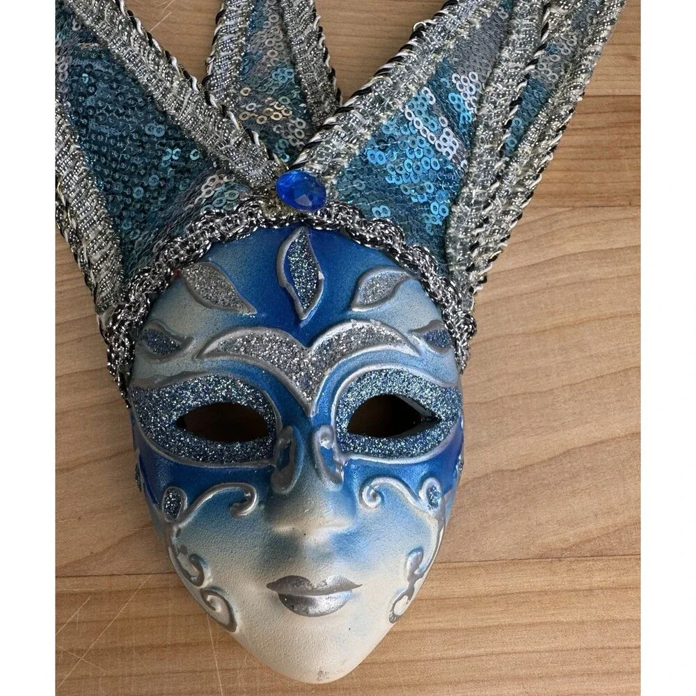 Blue Venetian Jester Wall Mask Carnival Harlequin Sequin Bells 8